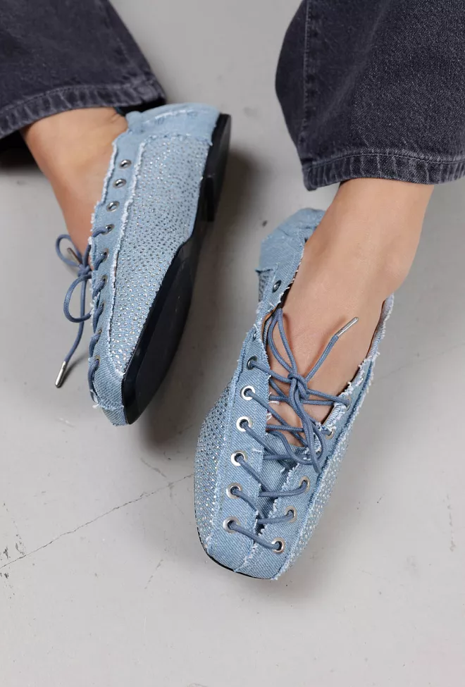 GANNI Eyelets Lace Up Ballerina Strass Denim Faded Denim sko 