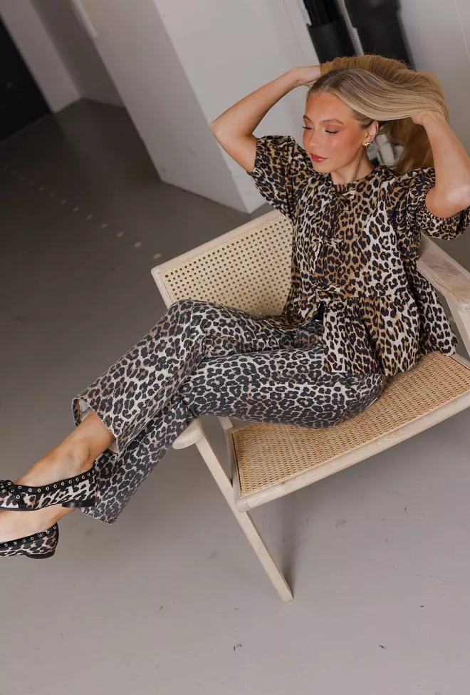 GANNI Printed Cotton Poplin Peplum Blouse Leopard topp 3