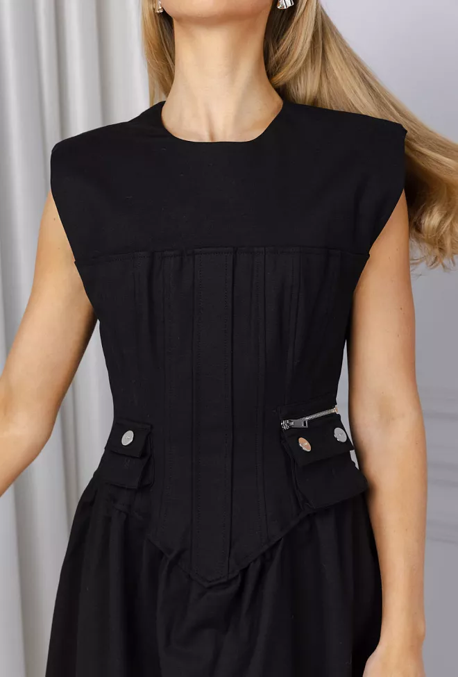 GANNI Heavy Cotton Tailoring Corset Midi Dress Black kjole 4
