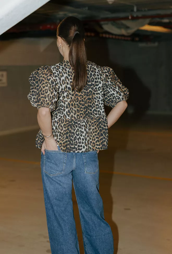 GANNI Printed Cotton Poplin Peplum Blouse Leopard topp 7