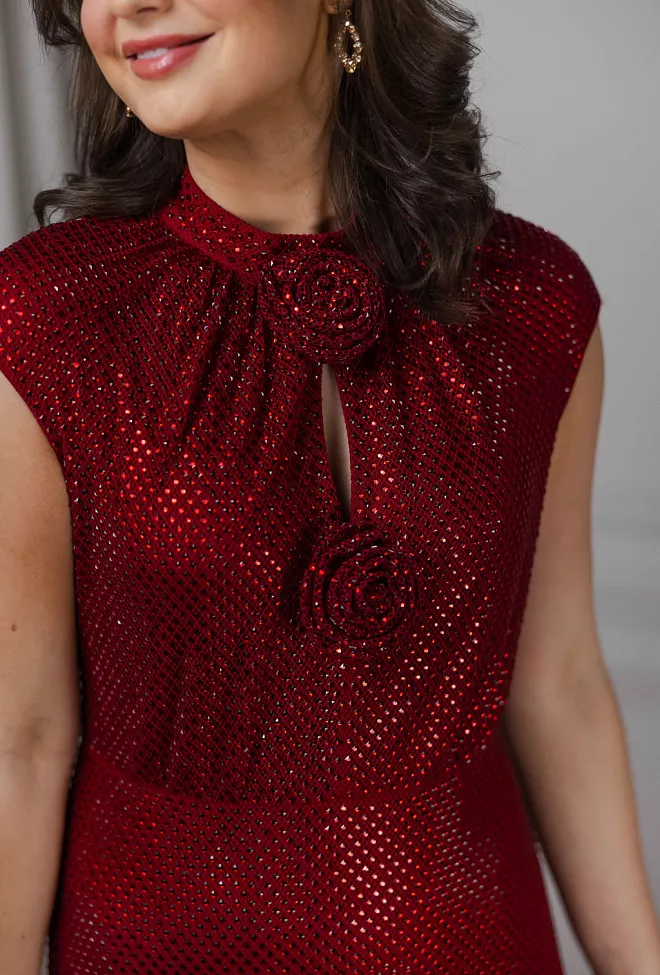 Self-Portrait Rhinestone Fishnet Midi Dress Red midikjole 3