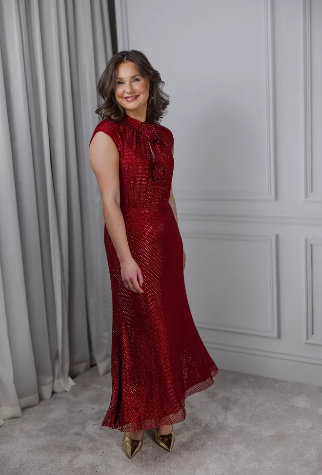 Self-Portrait Rhinestone Fishnet Midi Dress Red midikjole 2