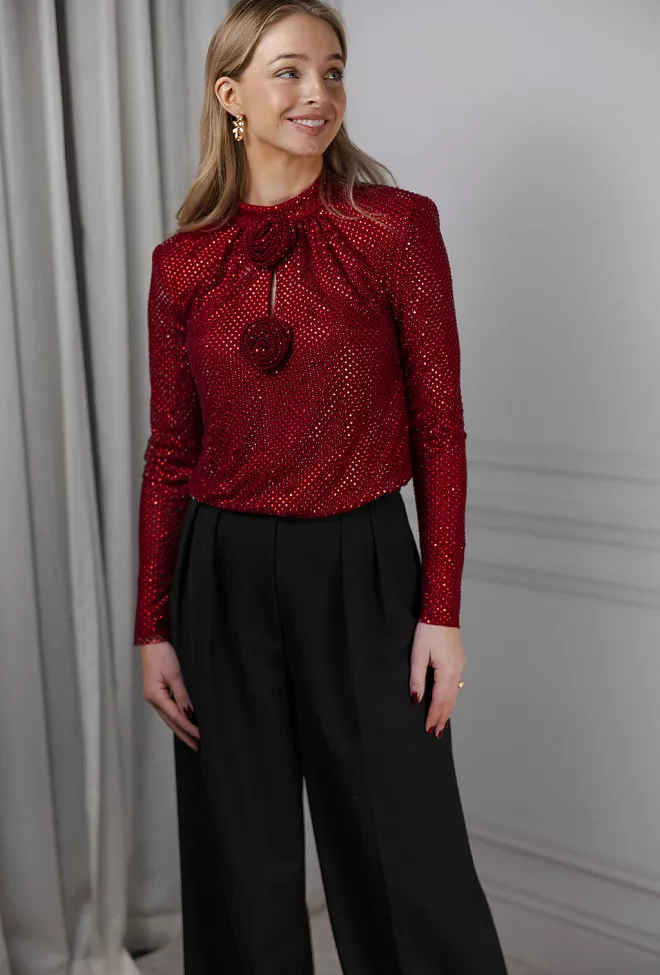 Self-Portrait Rhinestone Fishnet Top Red topp 5