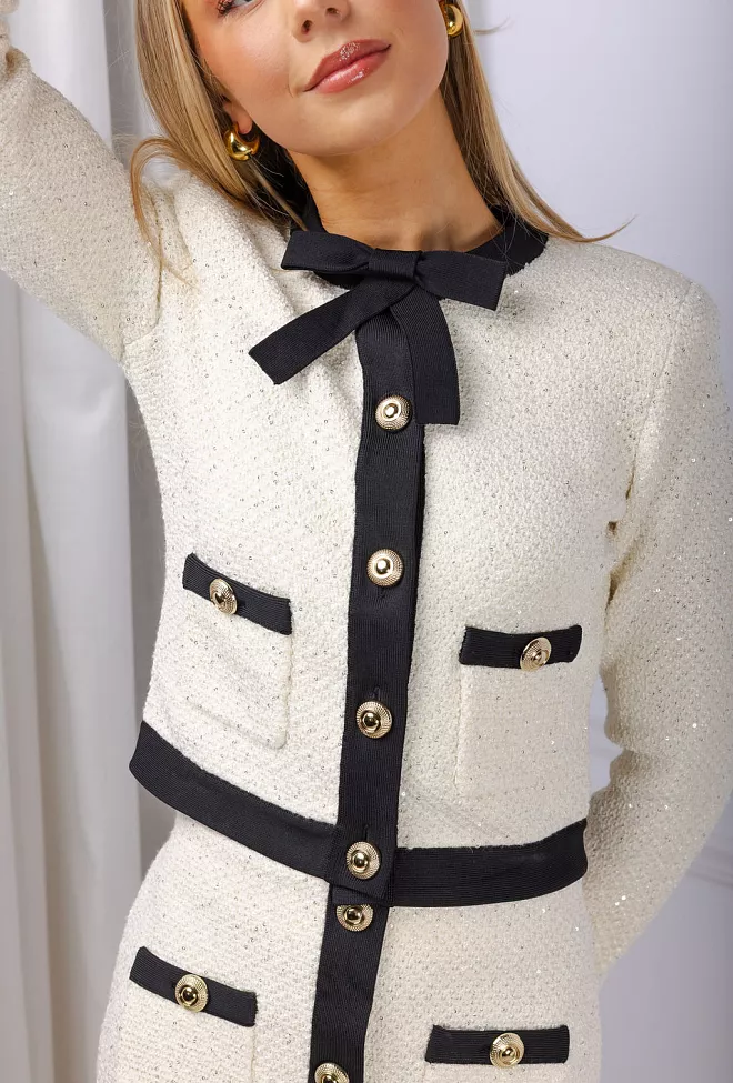 Self Portrait Sequin Pussy Bow Cardigan Cream 7