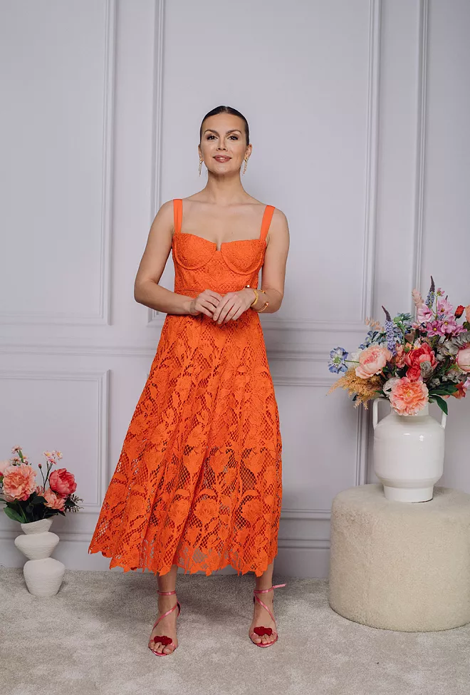 Self-Portrait Lace Midi Dress Orange kjole