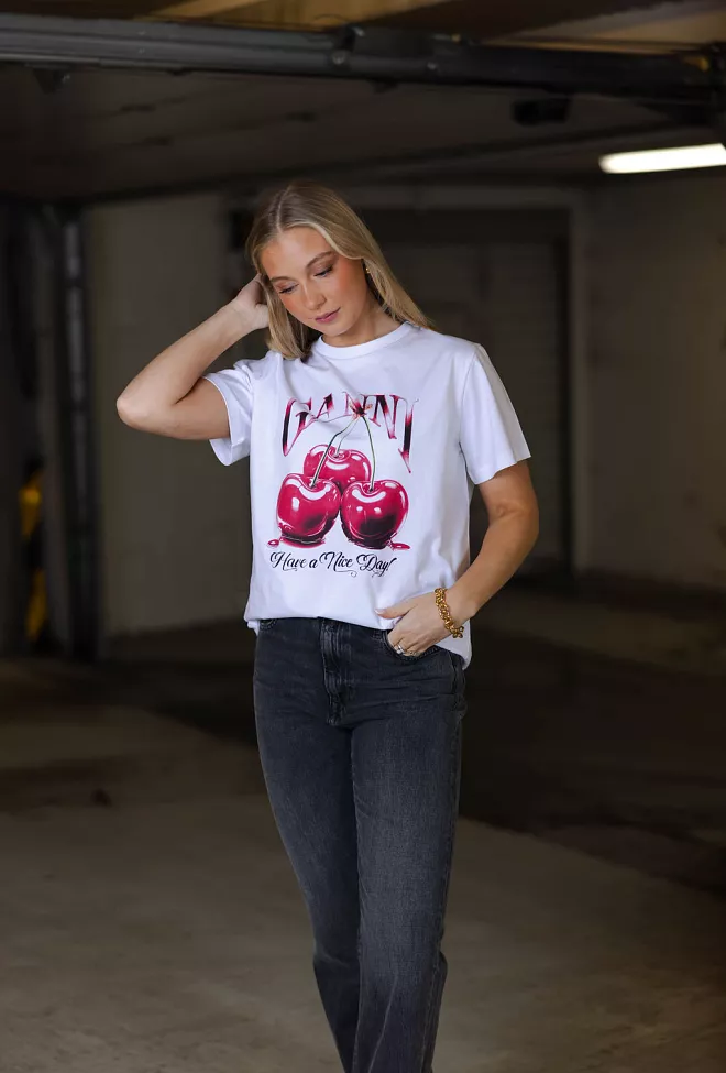 Ganni Basic Jersey Cherry Relaxed T-Shirt Bright White 3