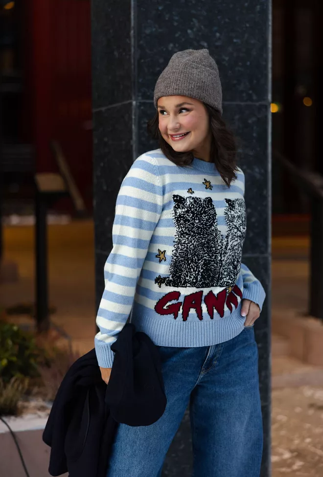 GANNI Striped Graphic Wool Mix Cats Crewneck Illusion Blue genser 6