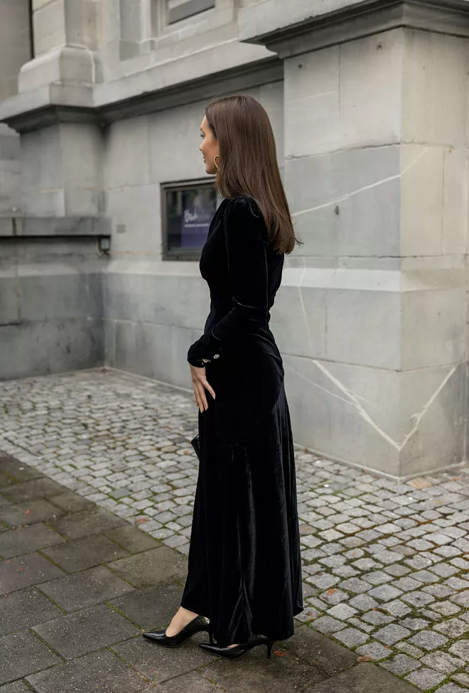 ganni Velvet Jersey Gathered Long Dress Black kjole 3