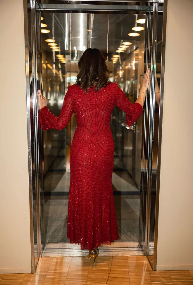 Self-Portrait Rhinestone Fishnet Midi Dress Red kjole 6