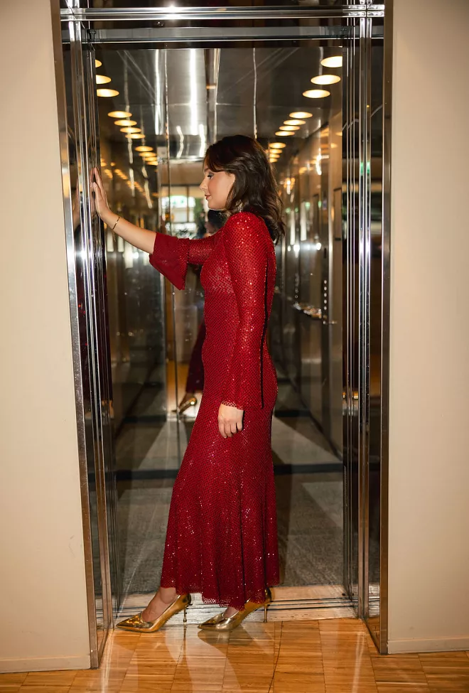 Self-Portrait Rhinestone Fishnet Midi Dress Red kjole 2