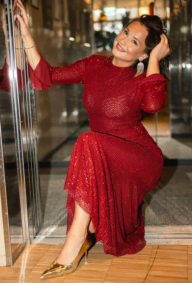 Self-Portrait Rhinestone Fishnet Midi Dress Red kjole 7