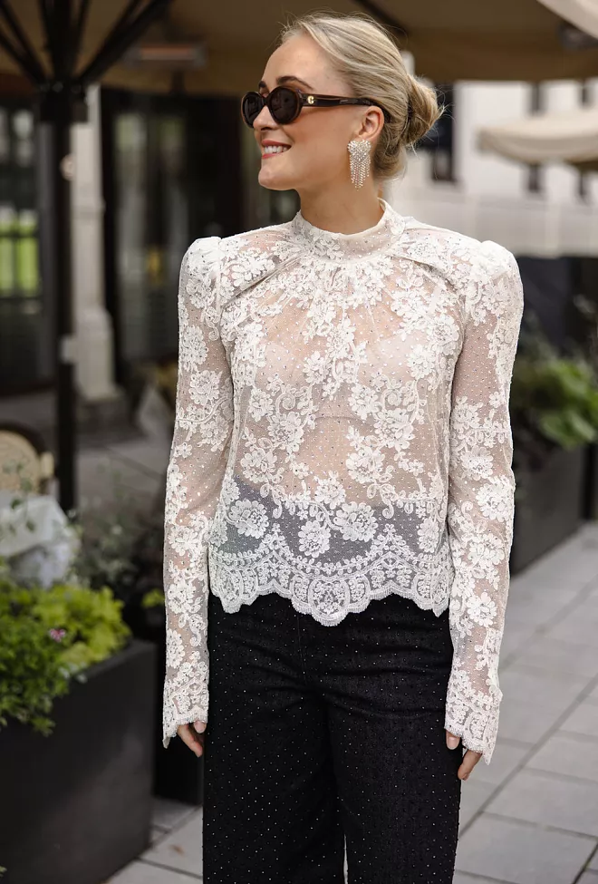 Self-Portrait Rhinestone Lace Top White bluse