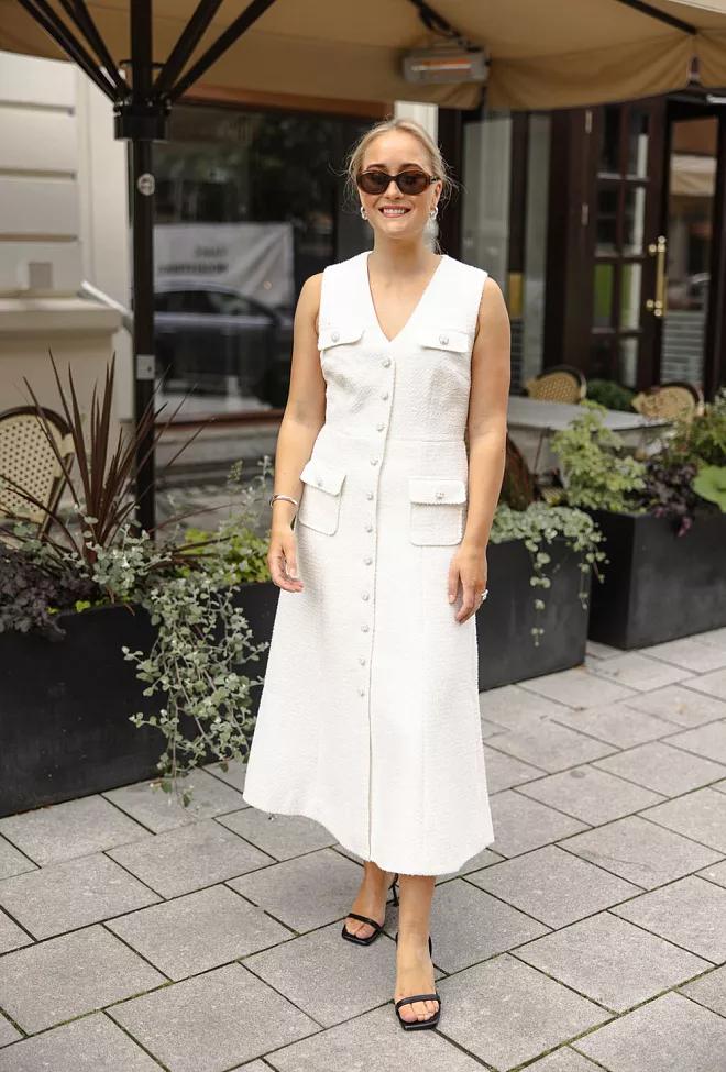 Self-Portrait Tinsel Boucle Buttoned Midi Dress Cream kjole