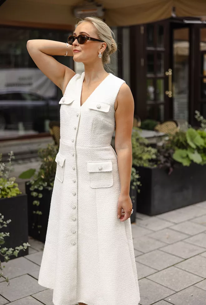 Self-Portrait Tinsel Boucle Buttoned Midi Dress Cream kjole 2