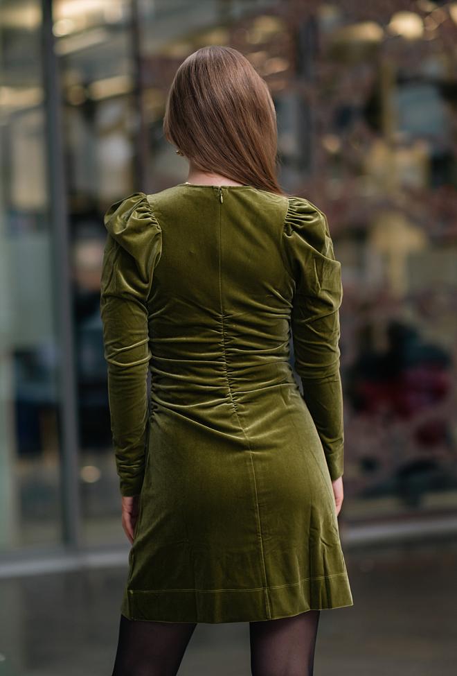 GANNI Velvet Jersey Gathered Mini Dress Avocado kjole 5