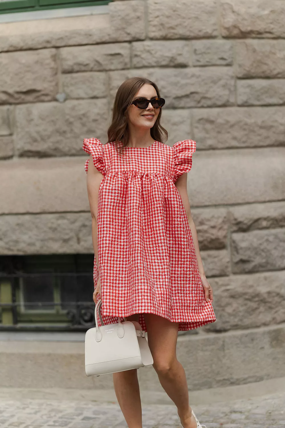 Ganni ■Crinkled Taffeta Check Frill Mini Dress - Red Crinkled Taffeta Check Frill Mini Dress Red Alert | Carma